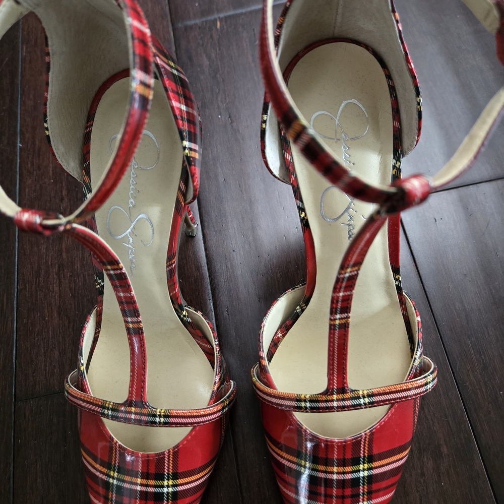Red Plaid T-Strap Women's Heels by Jessica Simpson